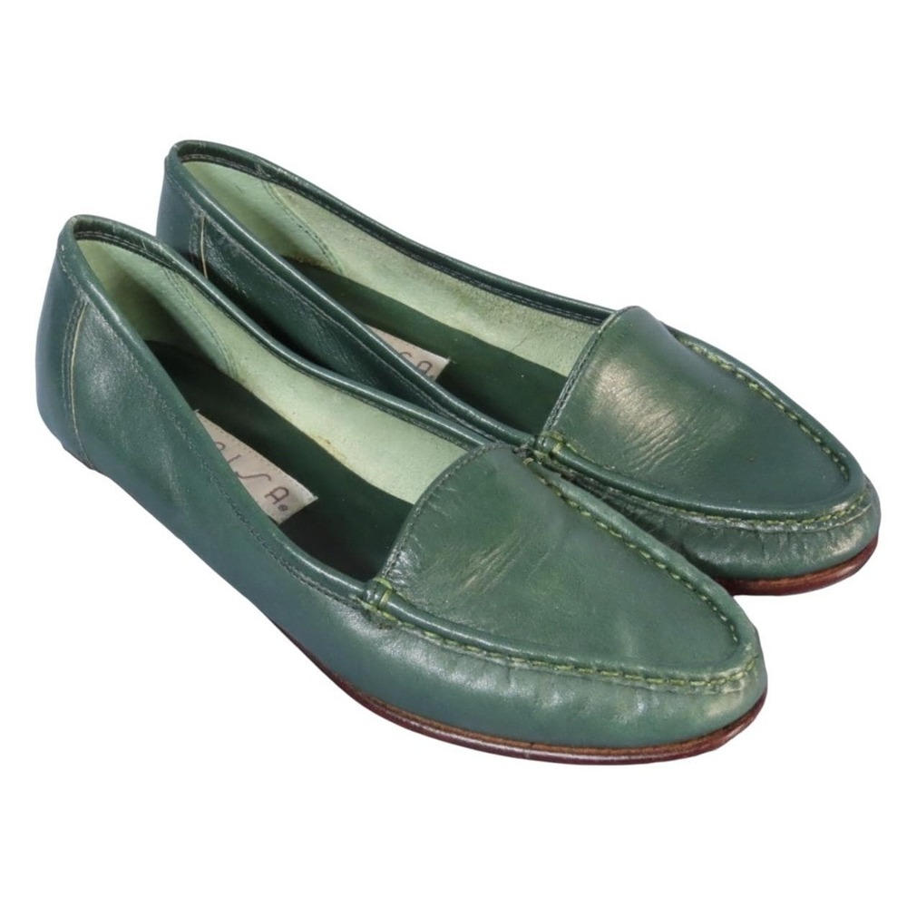 Vtg UNISA LEATHER FLATS Shoes Loafers Mocassins Hunter Green Minimalist 5-1/2 B